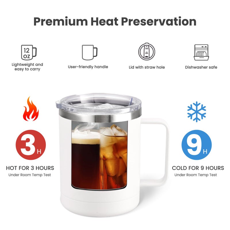 MEWAY 12oz Coffee Mug With Handle 8 Pack Bulk,Stainless Steel Insulated Travel Tumblers With Sliding Lid,Double Wall Vacuum Camping Cup for Hot & Cold Drinks Tea (White,Set of 8) - Image 3